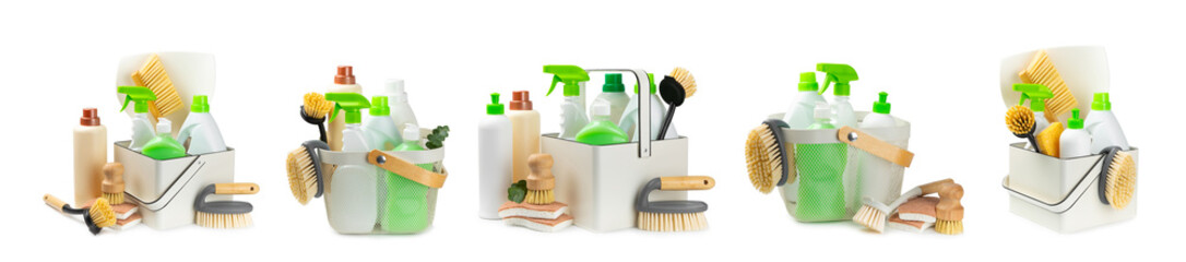 Eco cleaning products against isolated on white background. Eco-friendly home cleaning. A bottle of natural detergent surfaces, eco brushes, sponges, and rags. Cleaner concept.Cleaning supplies.