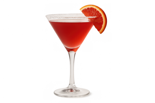 Red colored cocktail filling a sugar-rimmed martini glass, garnished with a slice of blood orange, perfect for drinks and nightlife