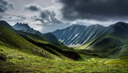 Mountain Landscape With Dark Green Peaks And Cloudy Sky