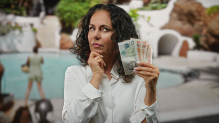 Woman holding british banknotes outdoors at a resort pool, pondering financial decisions amidst a...