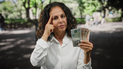 Middle-aged woman holds british pound banknotes outdoors, thinking and pointing in a city street.