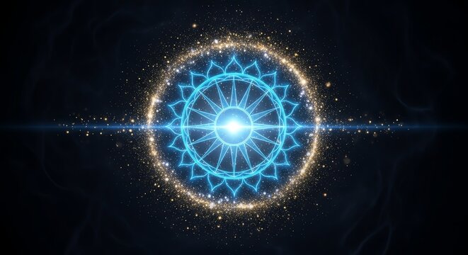 Blue mandala with glowing particles and light trails