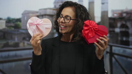 Middle-aged hispanic woman holding heart-shaped gift boxes in roman ruins, embodying joy and...