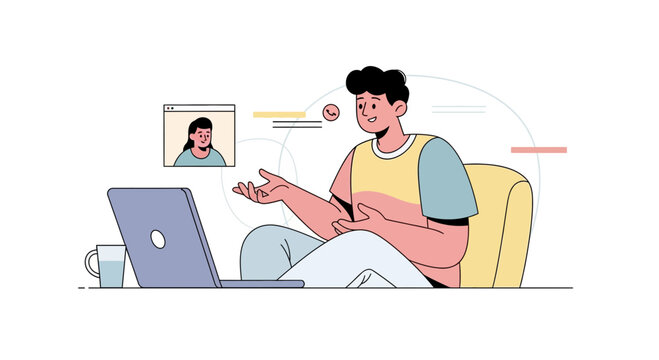 Online Meeting Illustration Depicting Communication, Connection, And Interaction On A Video Call