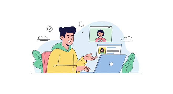 Online Meeting Illustration Depicting Remote Communication and Collaborative Digital Interaction