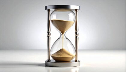 Classic hourglass with flowing sand in metallic frame on reflective surface, evoking timeless elegance and quiet passage.