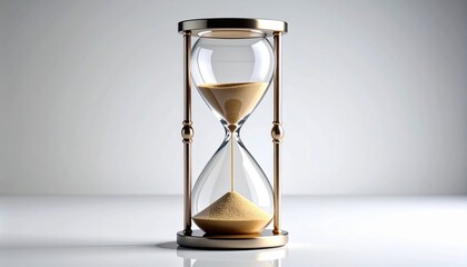 Classic hourglass with flowing sand in metallic frame on reflective surface, evoking timeless elegance and quiet passage.