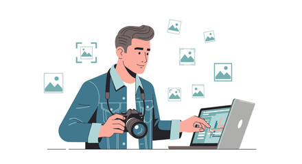 Photographer Editing Photos on Laptop, Digital Workflow Process, Vector Illustration Concept