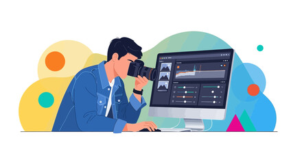 Photographer Editing Photos on Computer Displaying Photo Editing Software Interface