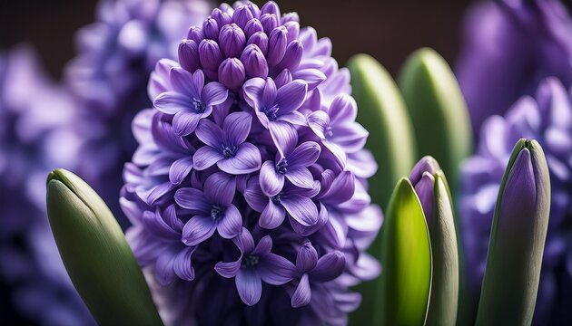 A Close Up Of A Beautiful Stem Of A Purple Hyacinth Encased In Georgeous Flowers
