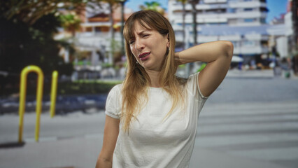 Woman with hand on neck in white tshirt on city street near yellow bollard and buildings with pained grimace; discomfort fatigue.