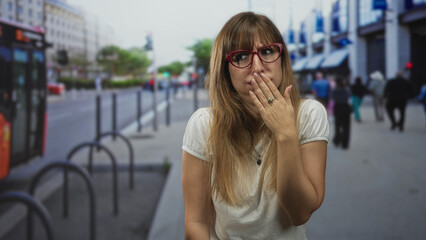 Woman covering mouth with hand and red glasses on street, wearing white t shirt and necklace, long hair, near bike racks and storefronts; surprise awkwardness.