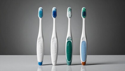 Four upright toothbrushes with white necks and colored handles on textured gray surface, evoking hygienic symmetry and everyday design.