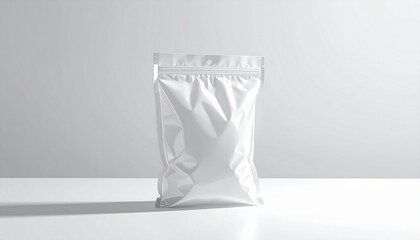 Plain white sealed pouch standing upright on neutral surface, evoking sterile minimalism and commercial anonymity.