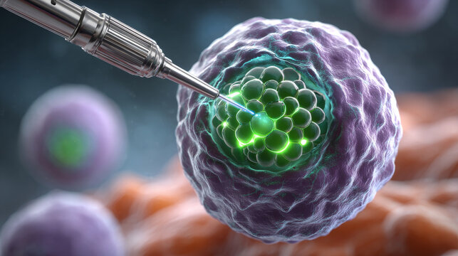 Synthetic Biology concept , cell nucleus gene editing nanotechnology glowing microinjection stem cell bioengineering science