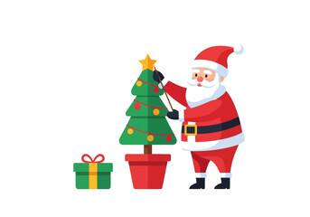 Santa Claus Decorating Christmas Tree with Gift.