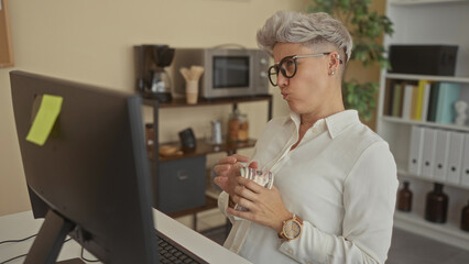 Shorthaired woman wearing glasses holding cash bundle by computer monitor in modern office interior; budget finance stress.