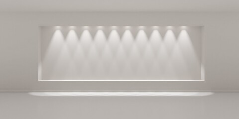 Empty blank off-white room background with large rectangular recess in the back wall lit by row of spotlights, modern interior template with copy space