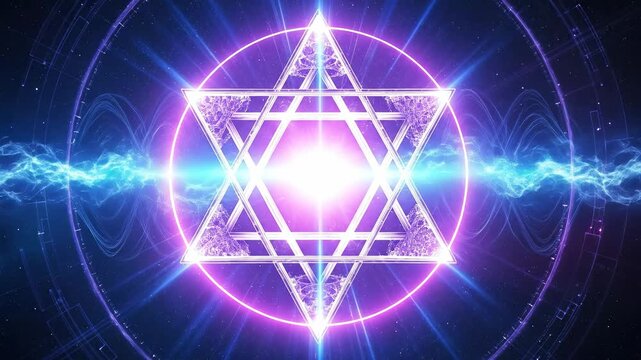 A Mystical Geometric Design Featuring a Star of David Surrounded by Radiant Light and Energy Waves Against a Cosmic Background