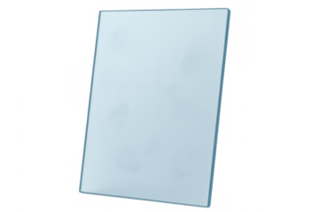 Rectangle light blue translucent glass pane with glossy surface and subtle reflections on transparent background