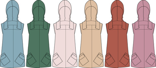 Collection of sleeveless hooded vests with pockets in various colors including teal, green, blush pink, beige, red, and light pink