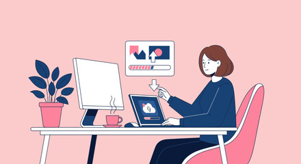 Woman Uploading Digital Data, Modern Technology Uploading Files and Cloud Solutions