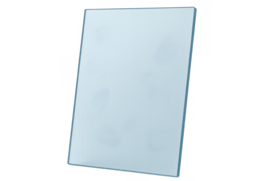 Rectangle light blue translucent glass pane with glossy surface and subtle reflections on transparent background