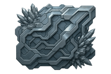 Futuristic metallic stone shield with power crystals