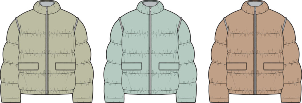 Collection of trendy puffy jackets in various colors, perfect for casual winter wear and fashion