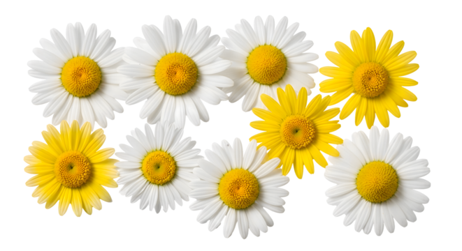A vibrant collection of daisy flowers, featuring bright yellow and classic white varieties, set against a clean white background, showcasing their delicate petals and cheerful centers