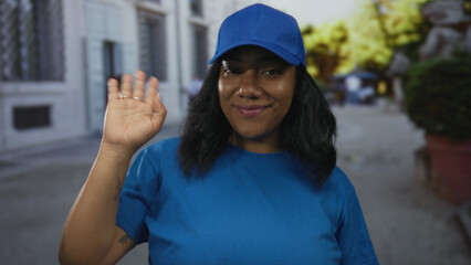 Courier woman smiles and waves hand on urban street in blue cap and shirt during daytime; friendly...