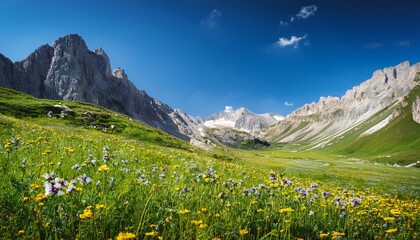Serene Alpine Meadow Nestled High In The Mountains Wildflowers Blooming Amidst Towering Peaks And Clear Blue Sky Lush Green Grass Dramatic Rocky Landscape Peaceful Scenery