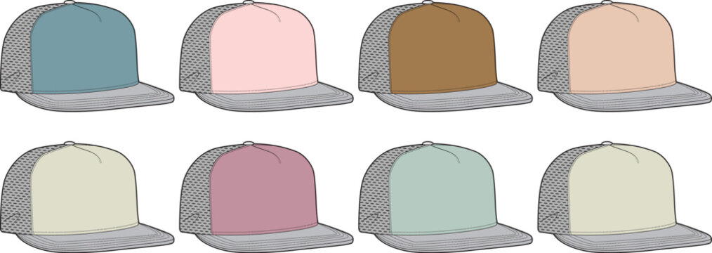 Eight blank flat brim trucker hats in various colors with mesh backs. This versatile vector illustration is ideal for apparel design, branding, and customizable headwear mockups