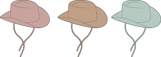 Set of three isolated wide-brimmed adventure hats in different colors. A stylish collection of headwear accessories for outdoor activities and travel