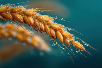 Close-up vertical golden wheat stalk with dew drops and water droplets morning photography nature