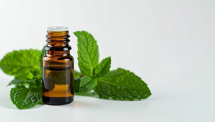 Peppermint essential oil on a white background