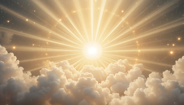 Radiant golden sunburst emanating from behind fluffy white clouds creating a divine and ethereal atmosphere with sparkling light flares and a sense of hope and spirituality
