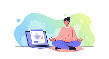 Woman Meditating While Using A Computer Program For Mindfulness And Relaxation Online