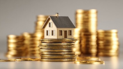 Miniature house model sitting on stack of gold coins representing financial stability wealth concept