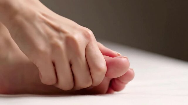 Foot Massage for Pain Relief with White Background A woman's hand massages her foot to relieve discomfort, focus on health and self-care, promoting physical therapy