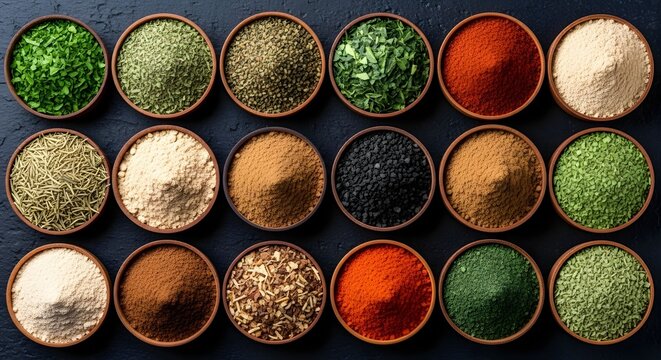 An Array of Colorful Spices and Herbs in Wooden Bowls on a Dark Background