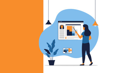 Woman Presenting Data on Screen During a Virtual Meeting Using a Pointer and Phone