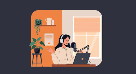 Fototapeta premium Woman Podcasting From Home Creating Audio Content Into Microphone Near Laptop