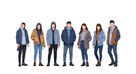 Obraz premium An illustrative concept depicting a diverse group of young adults showcasing modern casual winter fashion styles, perfect for seasonal outfit ideas and character design for various projects