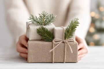 Hands wrapping holiday gift with kraft paper and natural twine, perfect for festive greeting cards, sustainable packaging design tutorials, and seasonal celebration marketing campaigns.