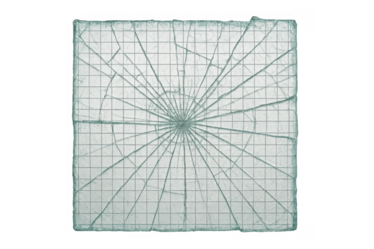 Wired glass pane depicting an explosion of radial cracks and damage, illustrating a transparent broken surface