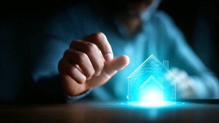 Mortgage broker hands analyzing home loan interest rates hologram using digital interface for real estate financing on dark background. home loan analysis mortgage application - Powered by Adobe