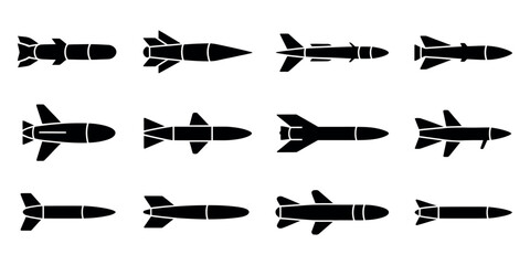 Collection of flat design black missile icons on a white background, perfect for war and military themes