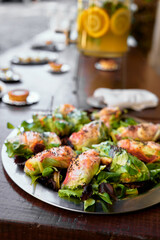 A vibrant platter of fresh spring rolls on a bed of mixed greens, set for an outdoor gathering. Colorful, bite-sized, and perfect as appetizers or shareable party food.