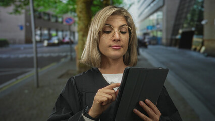 Blonde young woman wearing black robe taps tablet screen while standing on busy urban street...